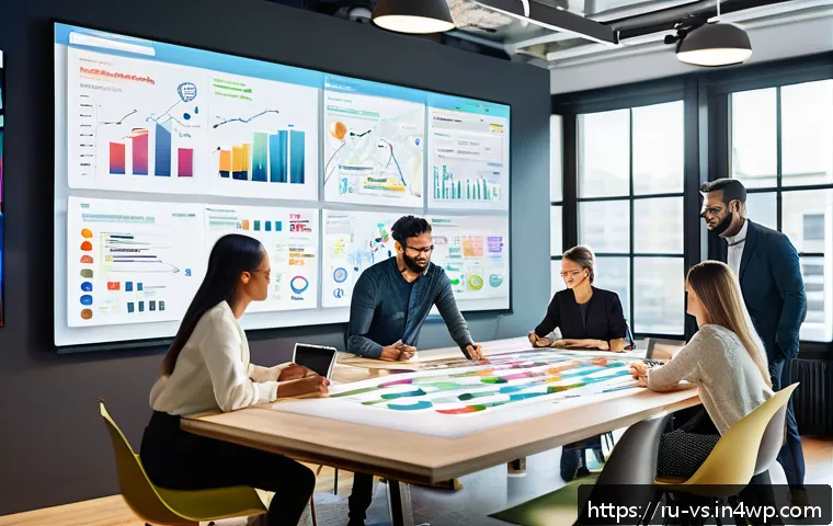 수렴적 사고 툴킷 필수 도구 및 기법 - A modern office scene showing a diverse group of professionals collaborating around a large table, a...